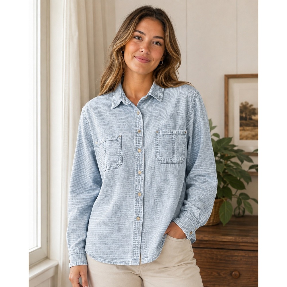 Lemon Grass Button Down Shirt Blue Textured Cotton Denim Utility XL